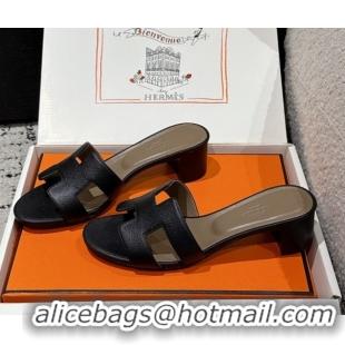 Luxurious Hermes Classic Oasis Heel Slides Sandal 4.5cm in Palm Grained Leather Black 0606088
