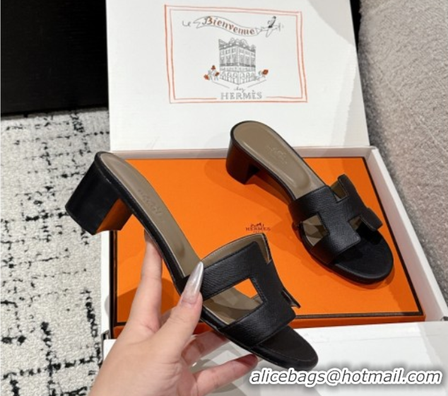 Luxurious Hermes Classic Oasis Heel Slides Sandal 4.5cm in Palm Grained Leather Black 0606088