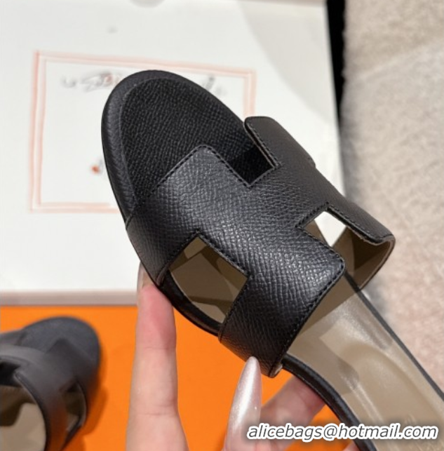 Luxurious Hermes Classic Oasis Heel Slides Sandal 4.5cm in Palm Grained Leather Black 0606088