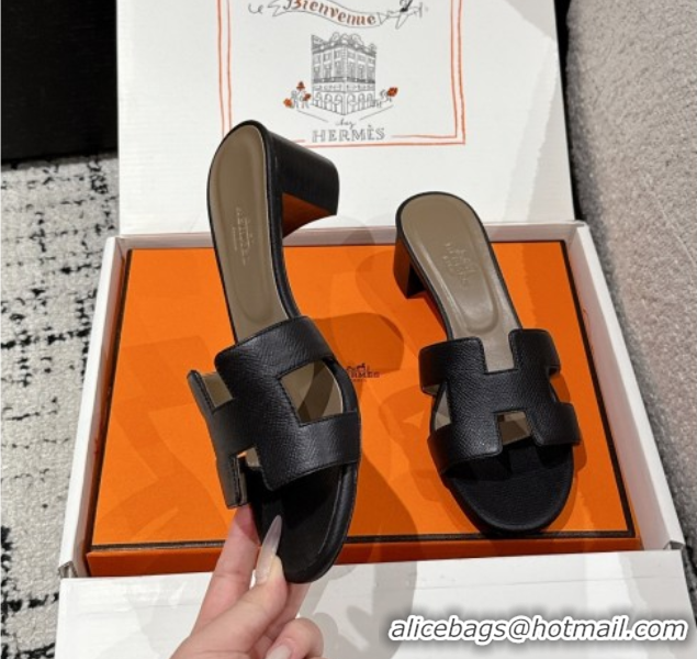 Luxurious Hermes Classic Oasis Heel Slides Sandal 4.5cm in Palm Grained Leather Black 0606088