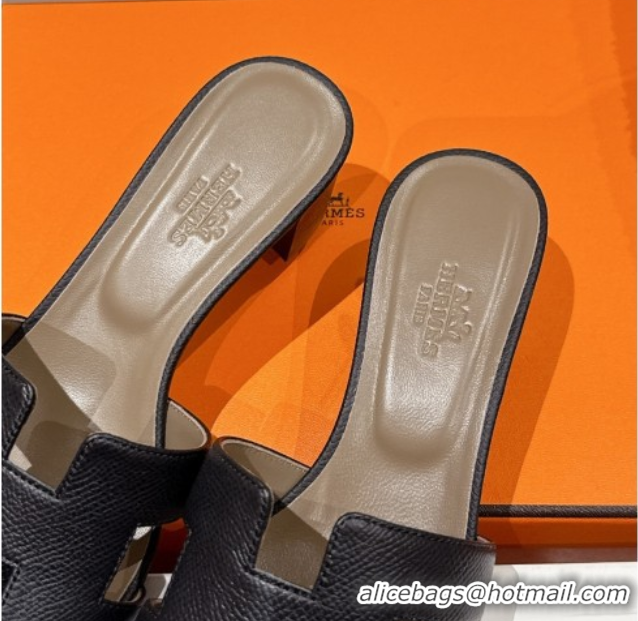 Luxurious Hermes Classic Oasis Heel Slides Sandal 4.5cm in Palm Grained Leather Black 0606088