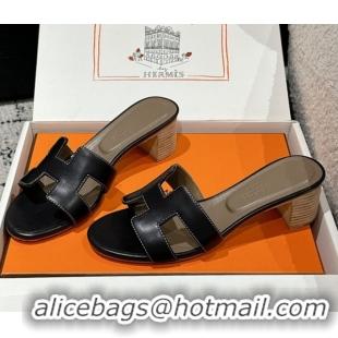 Sophisticated Hermes Classic Oasis Heel Slides Sandal 4.5cm in Shiny Calfskin Black 0606095