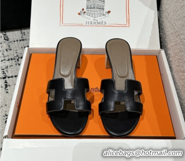 Sophisticated Hermes Classic Oasis Heel Slides Sandal 4.5cm in Shiny Calfskin Black 0606095