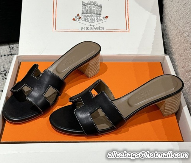 Sophisticated Hermes Classic Oasis Heel Slides Sandal 4.5cm in Shiny Calfskin Black 0606095
