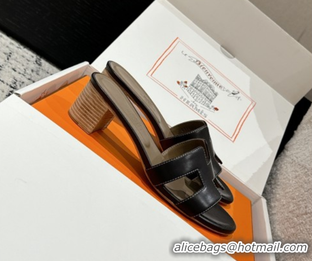 Sophisticated Hermes Classic Oasis Heel Slides Sandal 4.5cm in Shiny Calfskin Black 0606095
