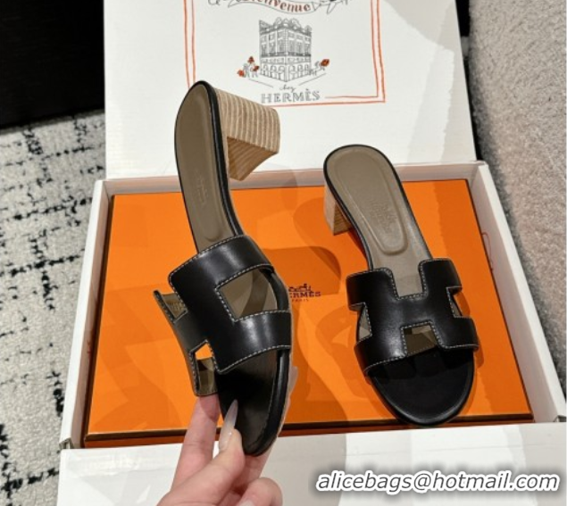 Sophisticated Hermes Classic Oasis Heel Slides Sandal 4.5cm in Shiny Calfskin Black 0606095
