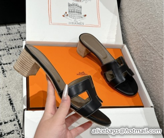 Sophisticated Hermes Classic Oasis Heel Slides Sandal 4.5cm in Shiny Calfskin Black 0606095