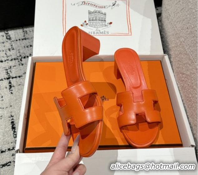 Top Design Hermes Classic Oasis Heel Slides Sandal 4.5cm in Shiny Calfskin Orange 0606097