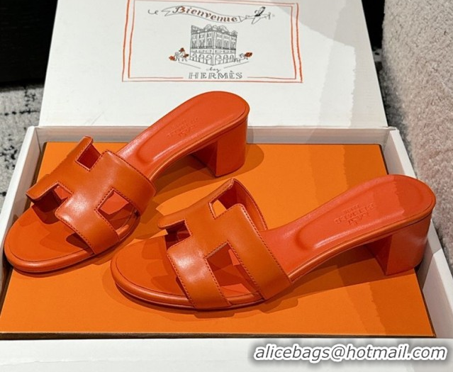 Top Design Hermes Classic Oasis Heel Slides Sandal 4.5cm in Shiny Calfskin Orange 0606097