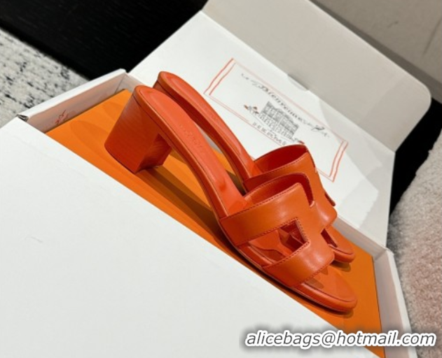 Top Design Hermes Classic Oasis Heel Slides Sandal 4.5cm in Shiny Calfskin Orange 0606097