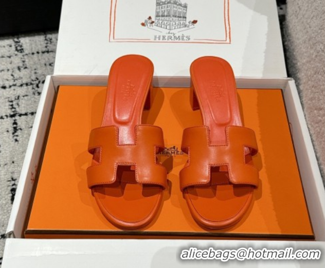 Top Design Hermes Classic Oasis Heel Slides Sandal 4.5cm in Shiny Calfskin Orange 0606097