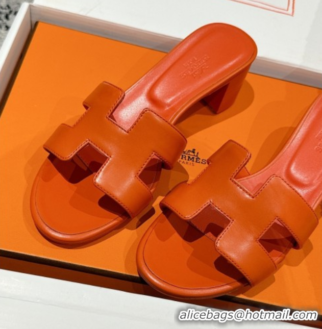 Top Design Hermes Classic Oasis Heel Slides Sandal 4.5cm in Shiny Calfskin Orange 0606097