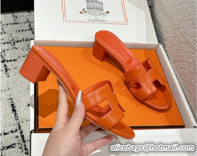 Top Design Hermes Classic Oasis Heel Slides Sandal 4.5cm in Shiny Calfskin Orange 0606097