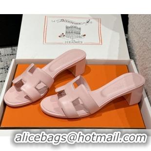 Luxury Cheap Hermes Classic Oasis Heel Slides Sandal 4.5cm in Shiny Calfskin Pink 0606098