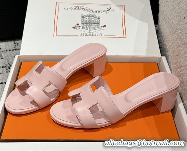 Luxury Cheap Hermes Classic Oasis Heel Slides Sandal 4.5cm in Shiny Calfskin Pink 0606098