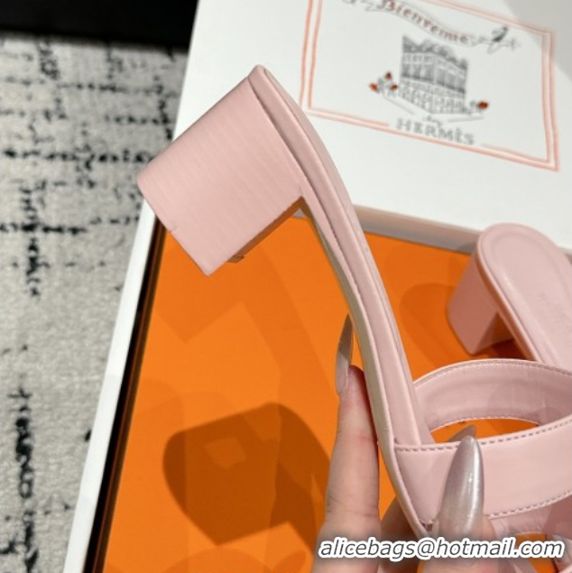 Luxury Cheap Hermes Classic Oasis Heel Slides Sandal 4.5cm in Shiny Calfskin Pink 0606098