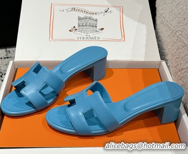 Luxury Hermes Classic Oasis Heel Slides Sandal 4.5cm in Shiny Calfskin Blue 0606099