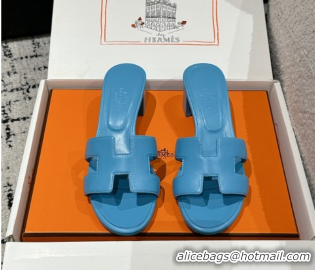 Luxury Hermes Classic Oasis Heel Slides Sandal 4.5cm in Shiny Calfskin Blue 0606099