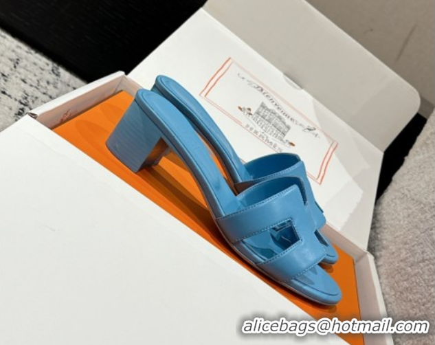 Luxury Hermes Classic Oasis Heel Slides Sandal 4.5cm in Shiny Calfskin Blue 0606099
