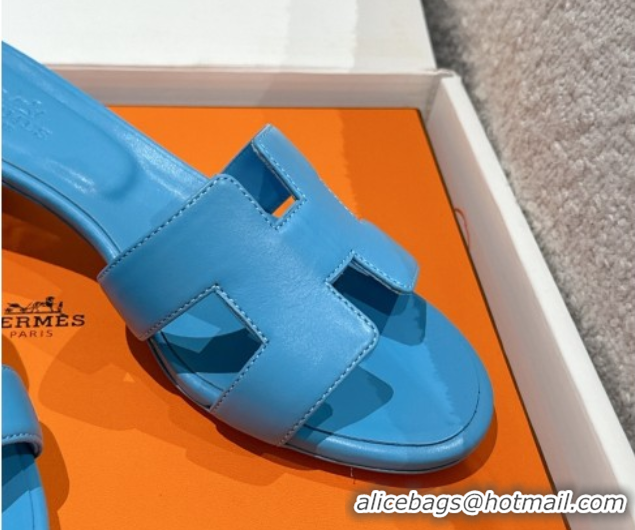 Luxury Hermes Classic Oasis Heel Slides Sandal 4.5cm in Shiny Calfskin Blue 0606099