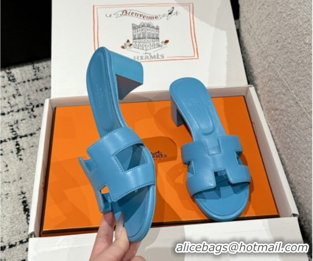 Luxury Hermes Classic Oasis Heel Slides Sandal 4.5cm in Shiny Calfskin Blue 0606099