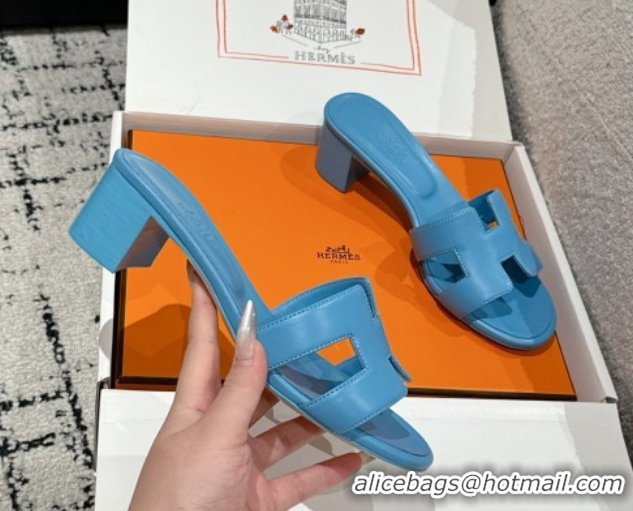Luxury Hermes Classic Oasis Heel Slides Sandal 4.5cm in Shiny Calfskin Blue 0606099