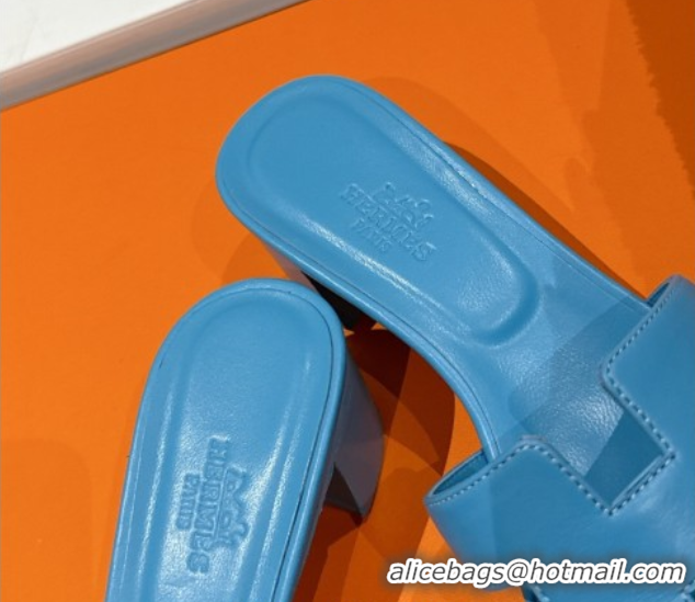 Luxury Hermes Classic Oasis Heel Slides Sandal 4.5cm in Shiny Calfskin Blue 0606099