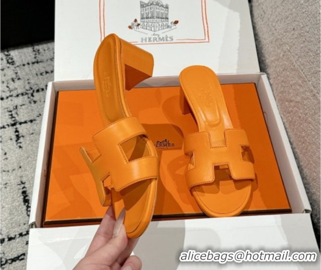 Hot Style Hermes Classic Oasis Heel Slides Sandal 4.5cm in Shiny Calfskin Orange 0606101