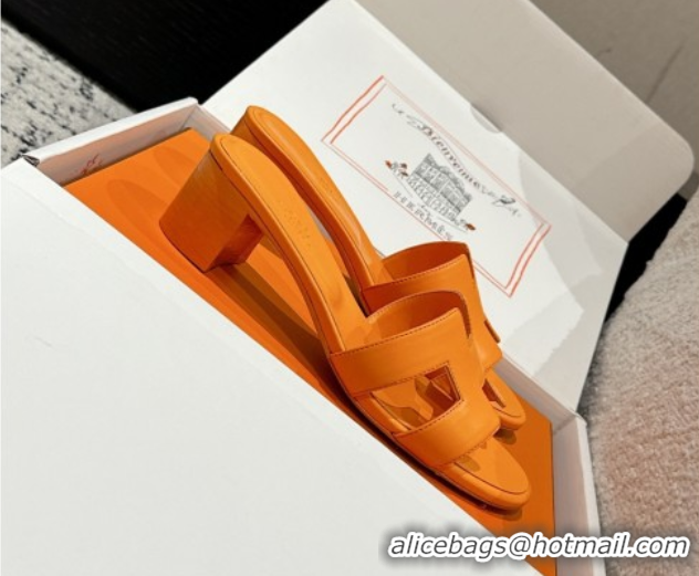Hot Style Hermes Classic Oasis Heel Slides Sandal 4.5cm in Shiny Calfskin Orange 0606101