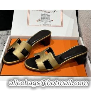 Grade Hermes Classic Oasis Heel Slides Sandal 4.5cm in Shiny Calfskin Gold 0606102