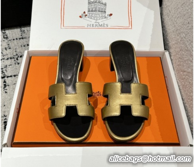Grade Hermes Classic Oasis Heel Slides Sandal 4.5cm in Shiny Calfskin Gold 0606102