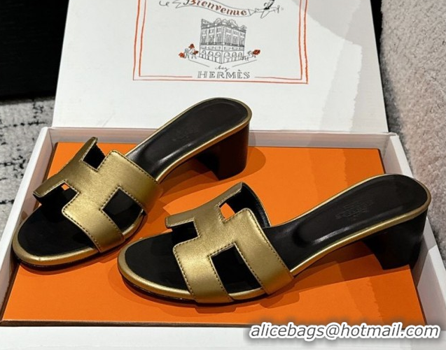 Grade Hermes Classic Oasis Heel Slides Sandal 4.5cm in Shiny Calfskin Gold 0606102