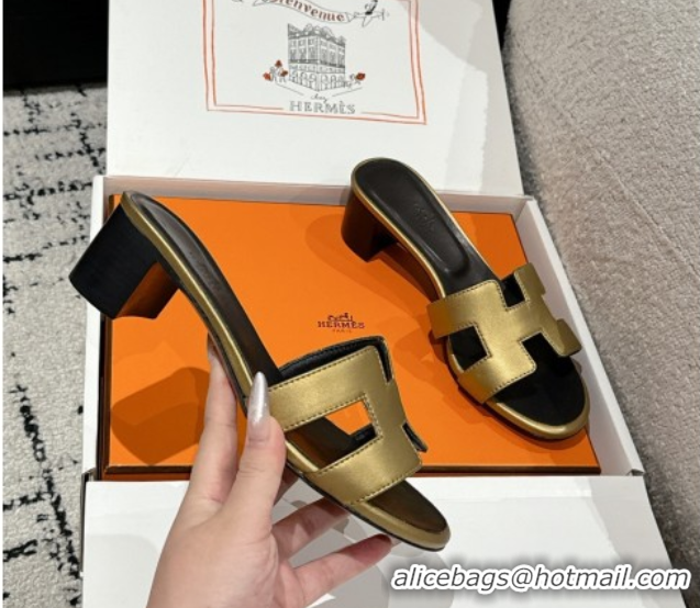 Grade Hermes Classic Oasis Heel Slides Sandal 4.5cm in Shiny Calfskin Gold 0606102