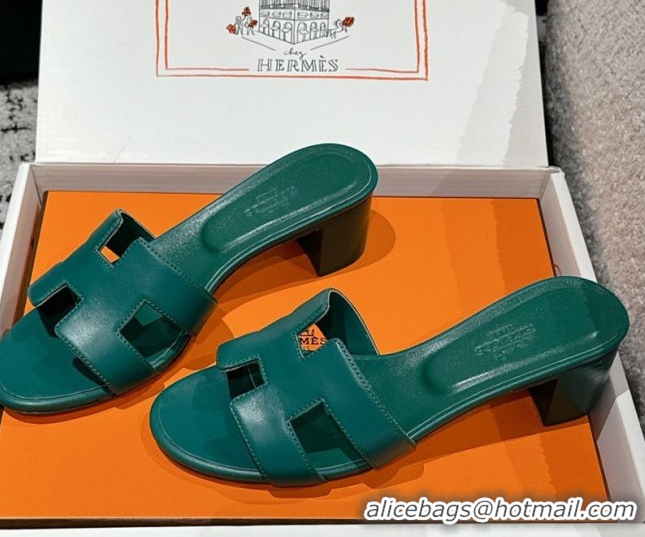 Stylish Hermes Classic Oasis Heel Slides Sandal 4.5cm in Shiny Calfskin Green 0606107