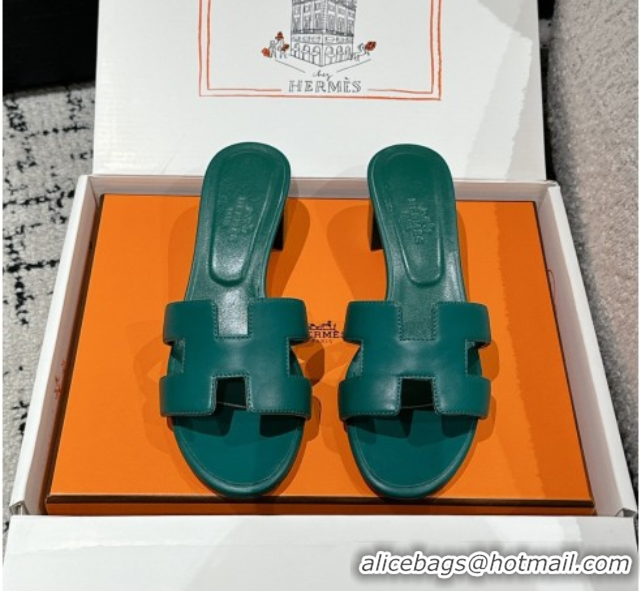 Stylish Hermes Classic Oasis Heel Slides Sandal 4.5cm in Shiny Calfskin Green 0606107