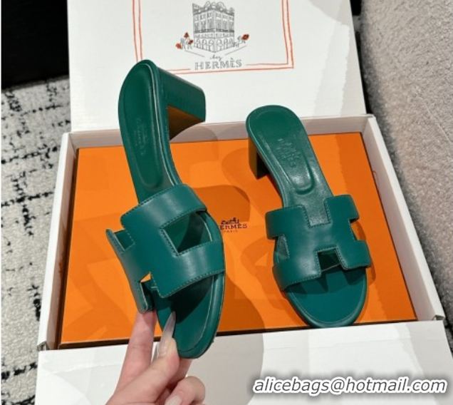 Stylish Hermes Classic Oasis Heel Slides Sandal 4.5cm in Shiny Calfskin Green 0606107