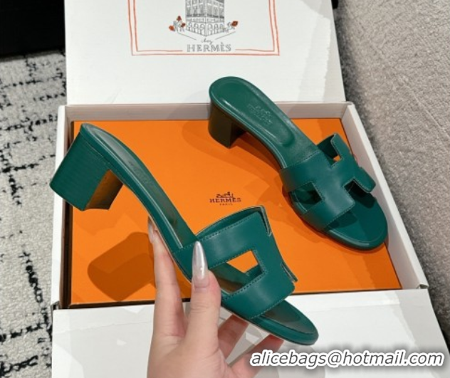 Stylish Hermes Classic Oasis Heel Slides Sandal 4.5cm in Shiny Calfskin Green 0606107