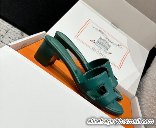 Stylish Hermes Classic Oasis Heel Slides Sandal 4.5cm in Shiny Calfskin Green 0606107