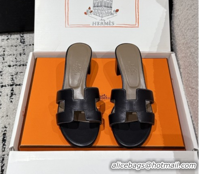 Most Popular Hermes Classic Oasis Heel Slides Sandal 4.5cm in Shiny Calfskin Black 0606111