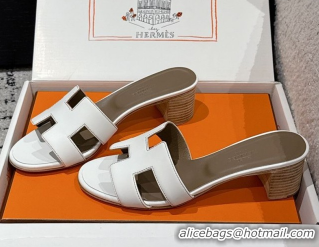 Luxury Hermes Classic Oasis Heel Slides Sandal 4.5cm in Shiny Calfskin White 0606112