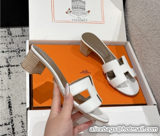 Luxury Hermes Classic Oasis Heel Slides Sandal 4.5cm in Shiny Calfskin White 0606112