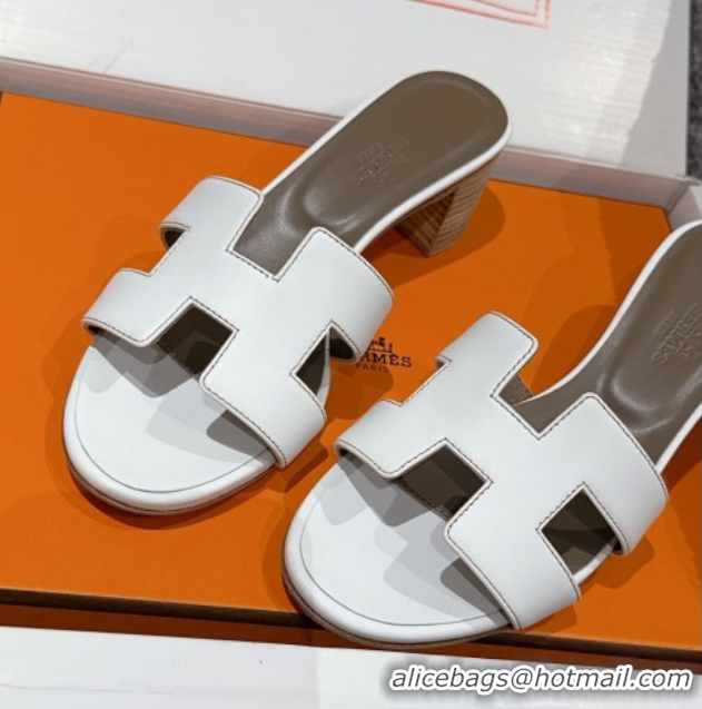 Luxury Hermes Classic Oasis Heel Slides Sandal 4.5cm in Shiny Calfskin White 0606112