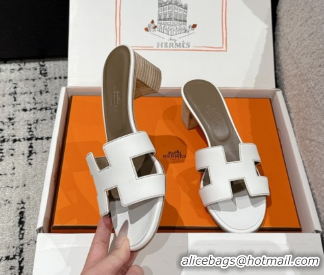 Luxury Hermes Classic Oasis Heel Slides Sandal 4.5cm in Shiny Calfskin White 0606112