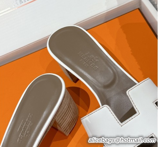 Luxury Hermes Classic Oasis Heel Slides Sandal 4.5cm in Shiny Calfskin White 0606112