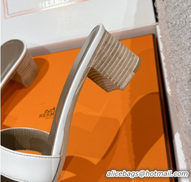 Luxury Hermes Classic Oasis Heel Slides Sandal 4.5cm in Shiny Calfskin White 0606112