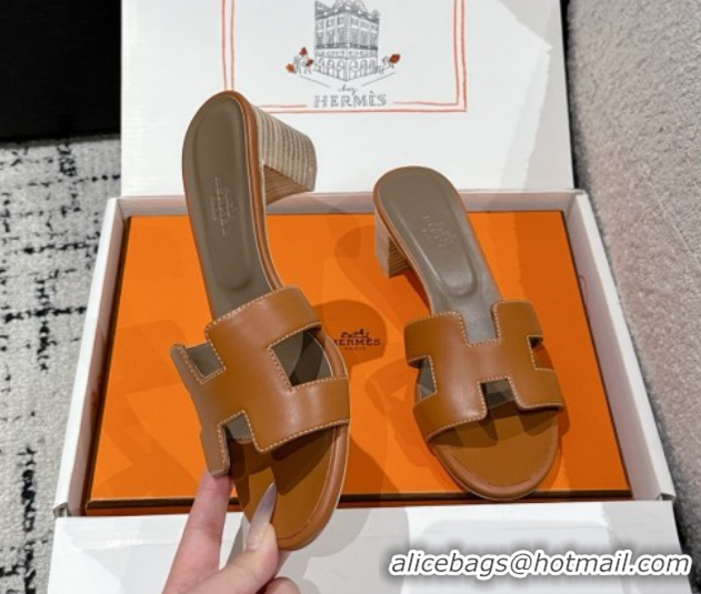 Unique Style Hermes Classic Oasis Heel Slides Sandal 4.5cm in Shiny Calfskin Brown 0606113
