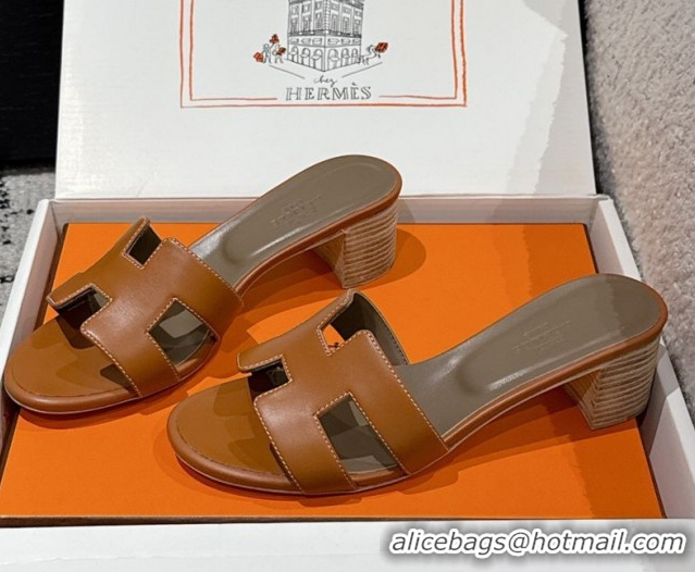 Unique Style Hermes Classic Oasis Heel Slides Sandal 4.5cm in Shiny Calfskin Brown 0606113