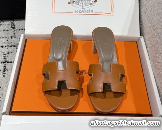 Unique Style Hermes Classic Oasis Heel Slides Sandal 4.5cm in Shiny Calfskin Brown 0606113