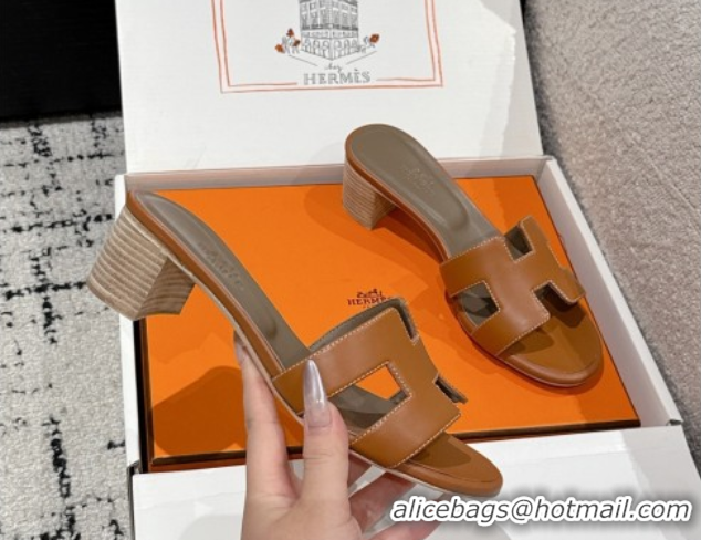 Unique Style Hermes Classic Oasis Heel Slides Sandal 4.5cm in Shiny Calfskin Brown 0606113