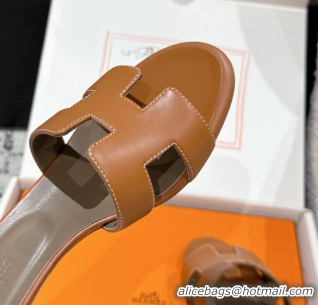 Unique Style Hermes Classic Oasis Heel Slides Sandal 4.5cm in Shiny Calfskin Brown 0606113